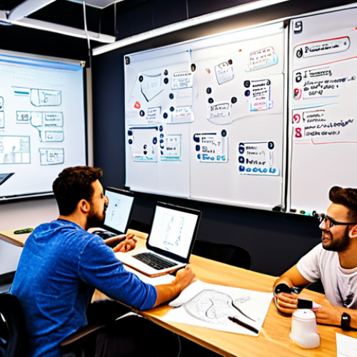 Home 4 **
**Prompt:** A vibrant, bustling startup office with developers collaborating on blockchain code. Whiteboards are covered in diagrams and milestones. The atmosphere is energetic and innovative, with a focus on creating a cutting-edge dApp. Include laptops with code visible and a diverse team working together.
**