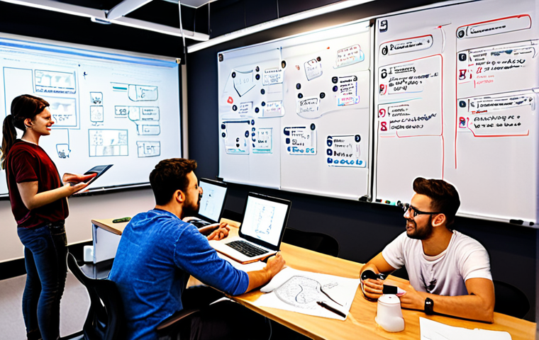 **

**Prompt:** A vibrant, bustling startup office with developers collaborating on blockchain code. Whiteboards are covered in diagrams and milestones. The atmosphere is energetic and innovative, with a focus on creating a cutting-edge dApp. Include laptops with code visible and a diverse team working together.

**